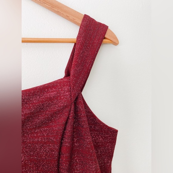 Betsy & Adam's Off-The-Shoulder Glitter Formal Wedding Prom Homecoming Red Dress - Picture 10 of 10